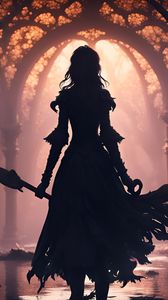 Preview wallpaper girl, silhouette, dress, spear, art