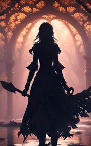 Preview wallpaper girl, silhouette, dress, spear, art