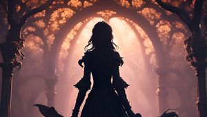 Preview wallpaper girl, silhouette, dress, spear, art