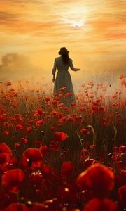 Preview wallpaper girl, silhouette, field, flowers, poppies, art