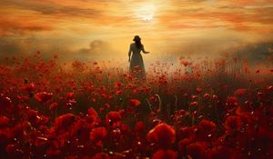 Preview wallpaper girl, silhouette, field, flowers, poppies, art