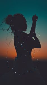 Preview wallpaper girl, silhouette, garland, lights, sunset, dark