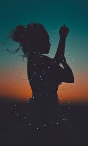 Preview wallpaper girl, silhouette, garland, lights, sunset, dark