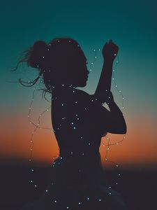 Preview wallpaper girl, silhouette, garland, lights, sunset, dark