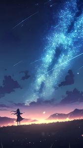 Preview wallpaper girl, silhouette, milky way, stars, night, anime