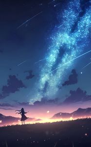 Preview wallpaper girl, silhouette, milky way, stars, night, anime