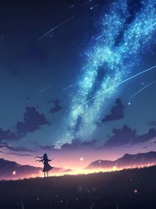Preview wallpaper girl, silhouette, milky way, stars, night, anime