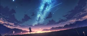 Preview wallpaper girl, silhouette, milky way, stars, night, anime