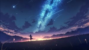 Preview wallpaper girl, silhouette, milky way, stars, night, anime