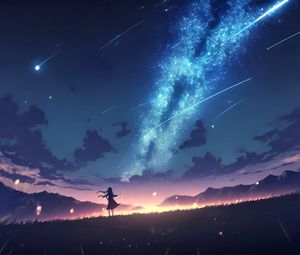 Preview wallpaper girl, silhouette, milky way, stars, night, anime