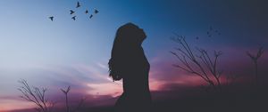 Preview wallpaper girl, silhouette, moon, birds, night, harmony, loneliness