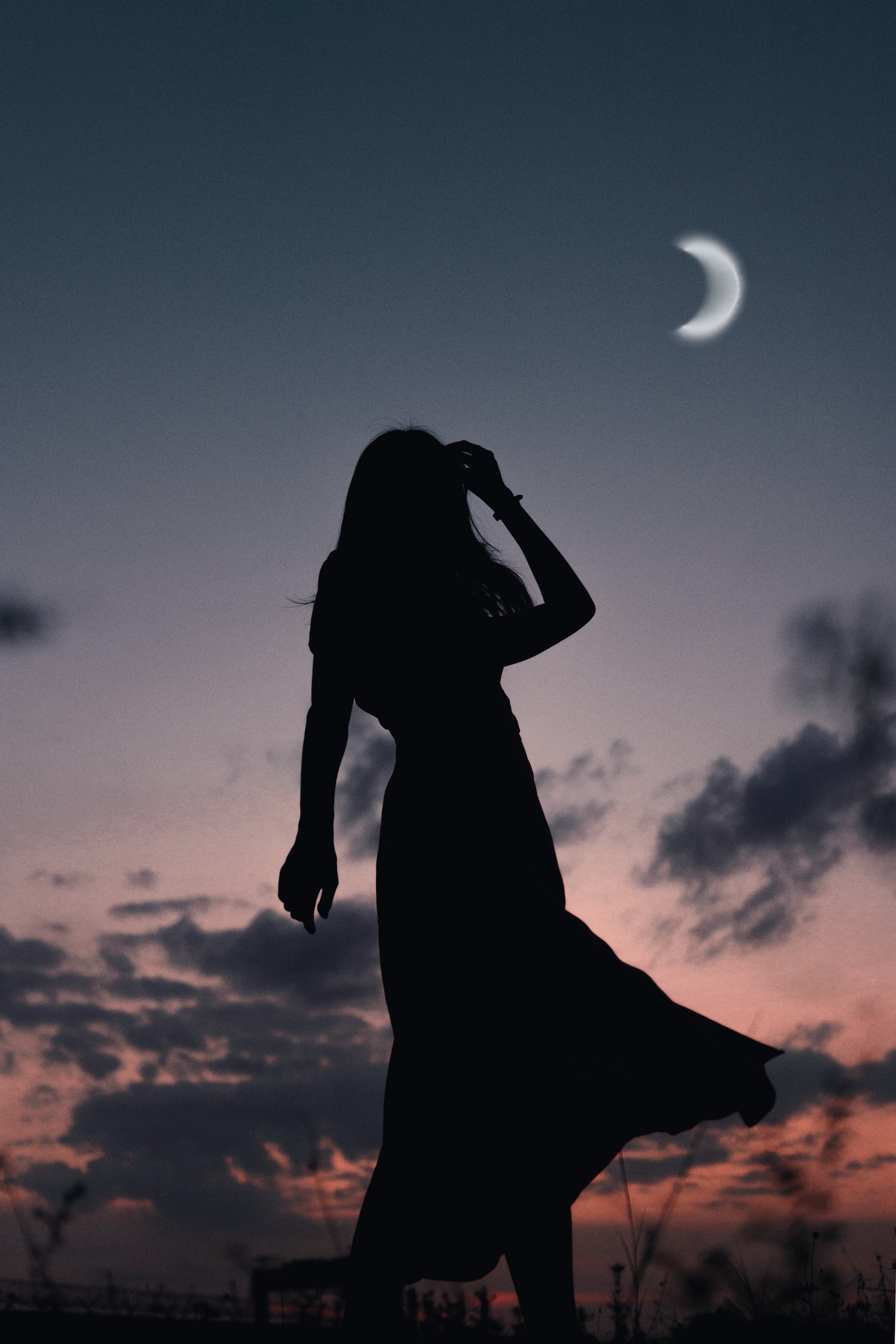Download wallpaper 3982x5973 girl, silhouette, moon, dusk, dark hd  background
