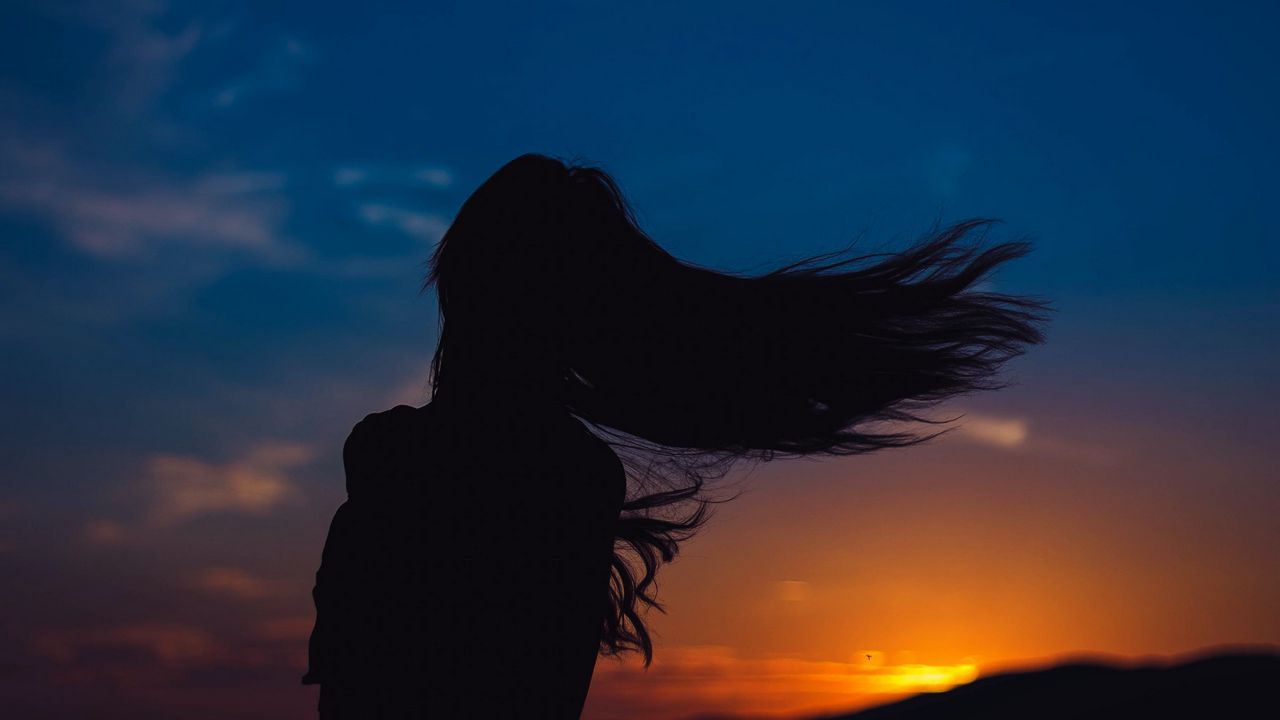 Wallpaper girl, silhouette, movement, hair, sunset