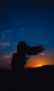 Preview wallpaper girl, silhouette, movement, hair, sunset