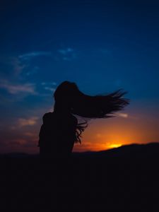 Preview wallpaper girl, silhouette, movement, hair, sunset
