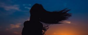 Preview wallpaper girl, silhouette, movement, hair, sunset