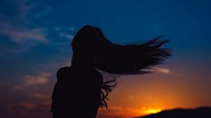 Preview wallpaper girl, silhouette, movement, hair, sunset