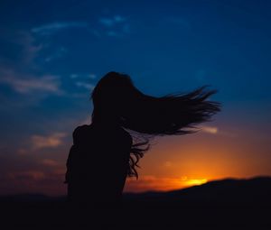 Preview wallpaper girl, silhouette, movement, hair, sunset