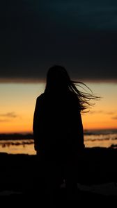 Preview wallpaper girl, silhouette, night, hair, wind