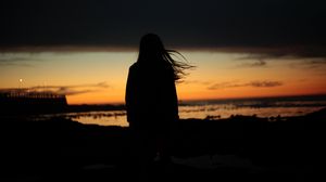 Preview wallpaper girl, silhouette, night, hair, wind