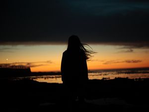 Preview wallpaper girl, silhouette, night, hair, wind