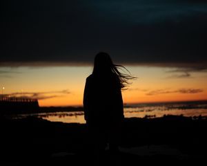 Preview wallpaper girl, silhouette, night, hair, wind