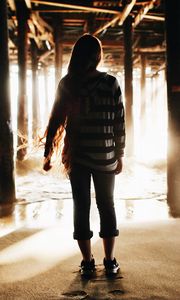Preview wallpaper girl, silhouette, pier, water, sand