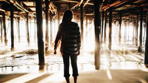 Preview wallpaper girl, silhouette, pier, water, sand