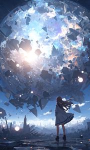 Preview wallpaper girl, silhouette, planet, explosion, fragments, blue, anime