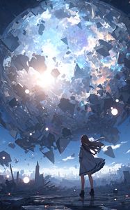 Preview wallpaper girl, silhouette, planet, explosion, fragments, blue, anime