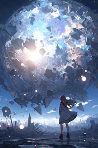 Preview wallpaper girl, silhouette, planet, explosion, fragments, blue, anime