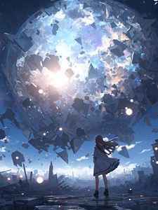 Preview wallpaper girl, silhouette, planet, explosion, fragments, blue, anime