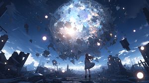 Preview wallpaper girl, silhouette, planet, explosion, fragments, blue, anime