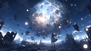 Preview wallpaper girl, silhouette, planet, explosion, fragments, blue, anime