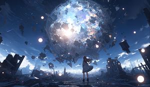 Preview wallpaper girl, silhouette, planet, explosion, fragments, blue, anime