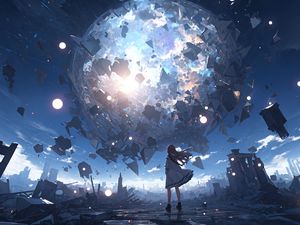 Preview wallpaper girl, silhouette, planet, explosion, fragments, blue, anime