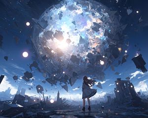 Preview wallpaper girl, silhouette, planet, explosion, fragments, blue, anime