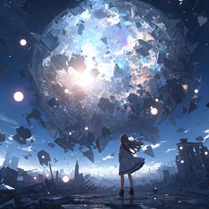 Preview wallpaper girl, silhouette, planet, explosion, fragments, blue, anime