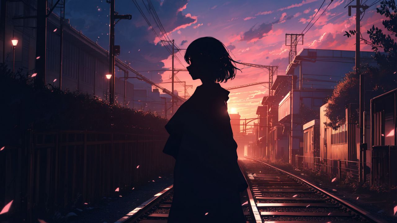 Wallpaper girl, silhouette, rails, anime
