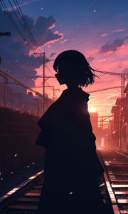 Preview wallpaper girl, silhouette, rails, anime