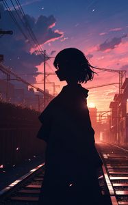 Preview wallpaper girl, silhouette, rails, anime