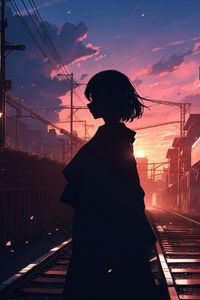 Preview wallpaper girl, silhouette, rails, anime