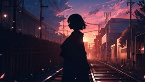 Preview wallpaper girl, silhouette, rails, anime