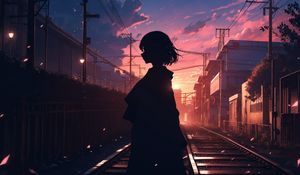 Preview wallpaper girl, silhouette, rails, anime