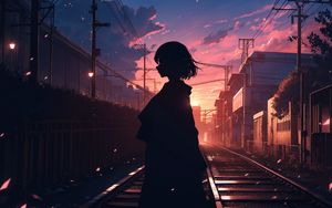 Preview wallpaper girl, silhouette, rails, anime