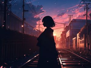 Preview wallpaper girl, silhouette, rails, anime