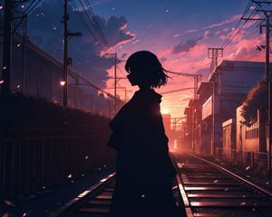 Preview wallpaper girl, silhouette, rails, anime