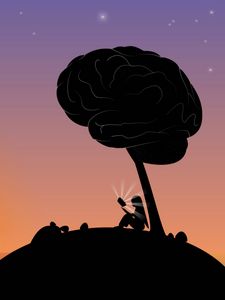 Preview wallpaper girl, silhouette, reading, brain, tree, art