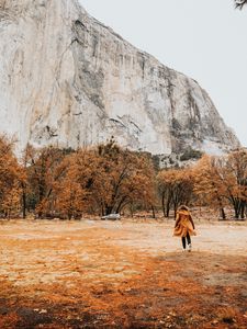 Preview wallpaper girl, silhouette, rock, trees, mountain