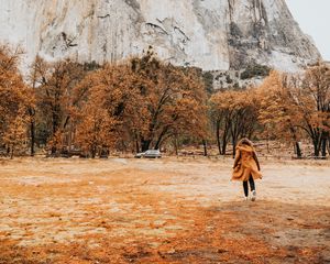 Preview wallpaper girl, silhouette, rock, trees, mountain